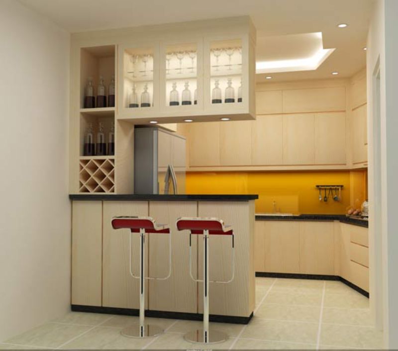 Nhà bếp đẹp đơn giản với quầy bar mini 
