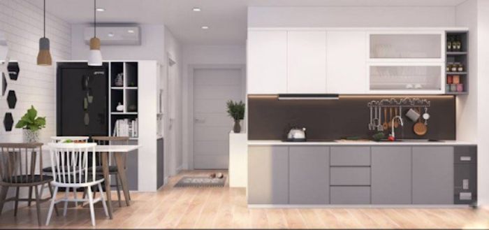 Phòng bếp sử dụng tông màu trắng – ghi tạo ra không gian sang trọng