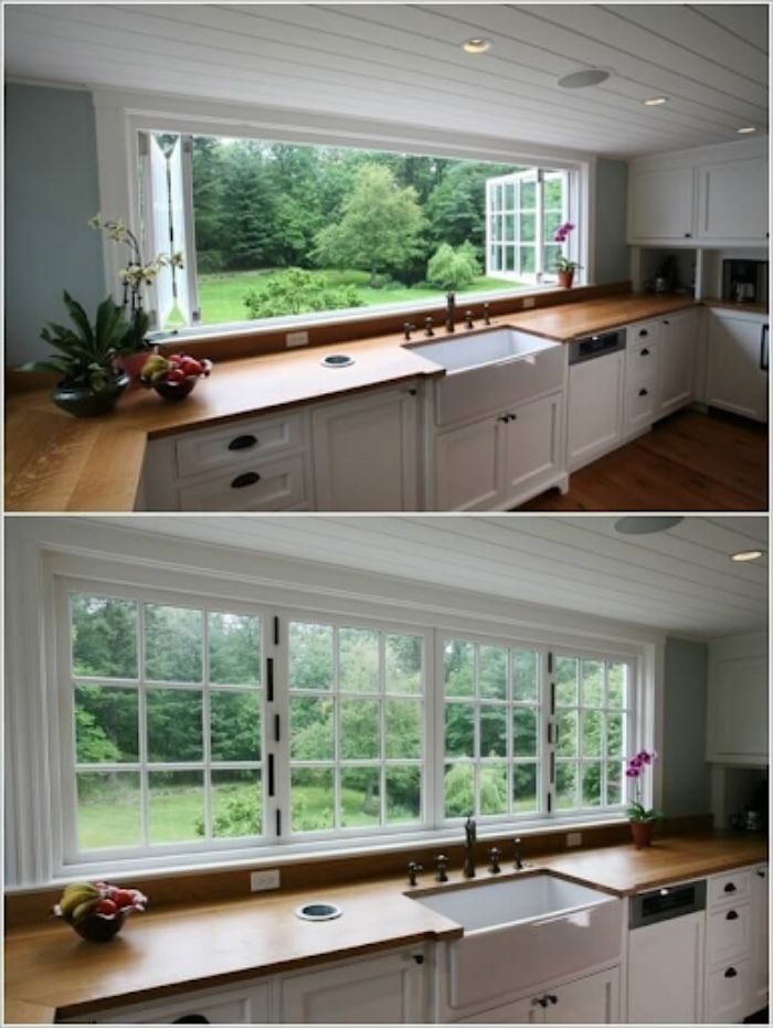 Cửa sổ kính dạng gấp khúc phù hợp với những phòng bếp thu hẹp chiều cao 