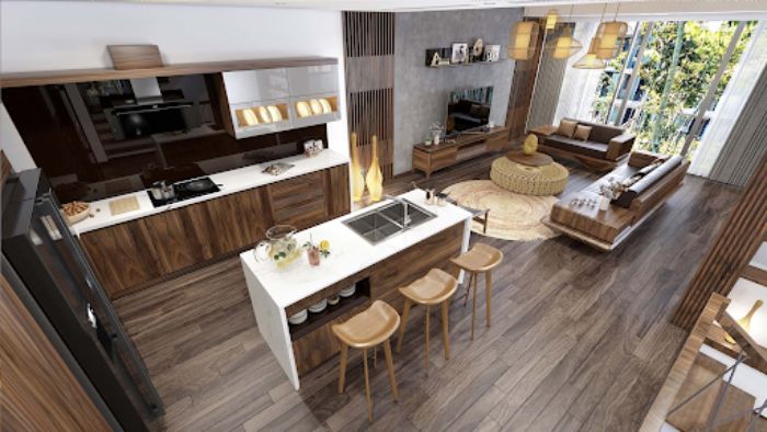 Mẫu bếp thông phòng khách