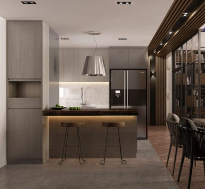 Phòng bếp đẹp với tông màu trầm phù hợp với nội thất