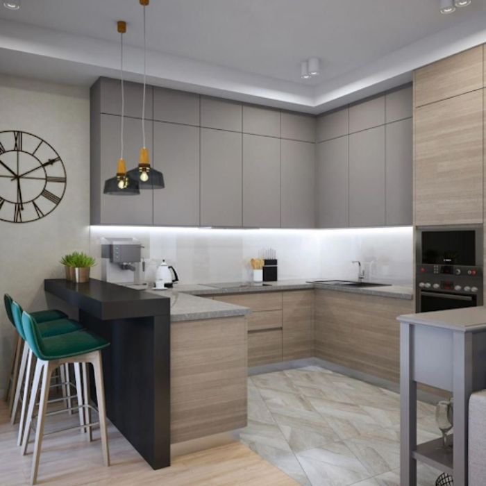 Tủ bếp chữ U đẹp hiện đại kết hợp quầy bar