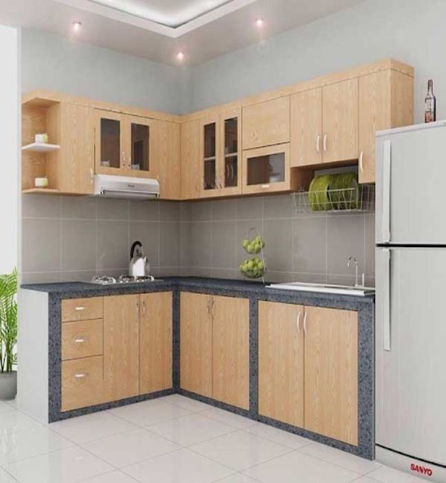 Phòng bếp nhỏ đẹp cho nhà phố với tủ bếp chữ L